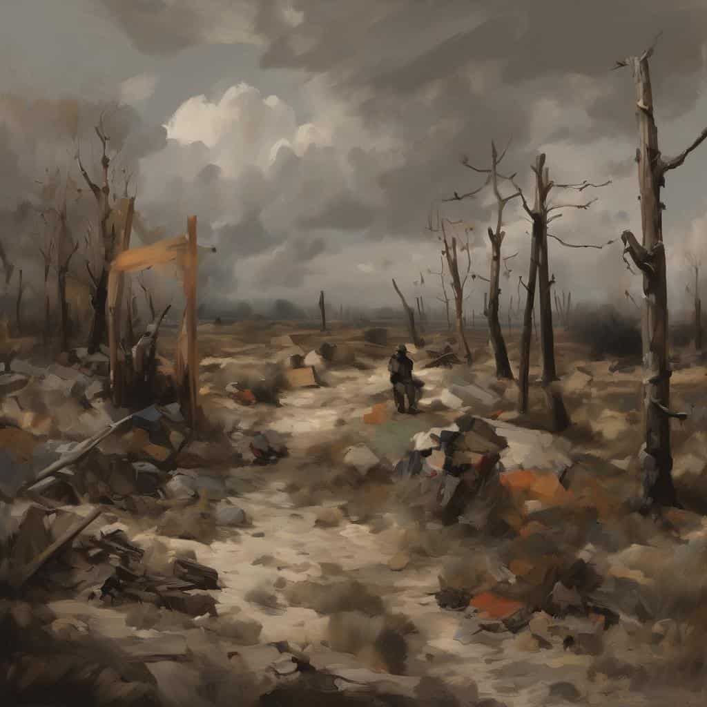 Ενεργητικό όψη δημιουργίας τέχνης με καταστροφικό τοπίο και μοντέρνα πινελιά.