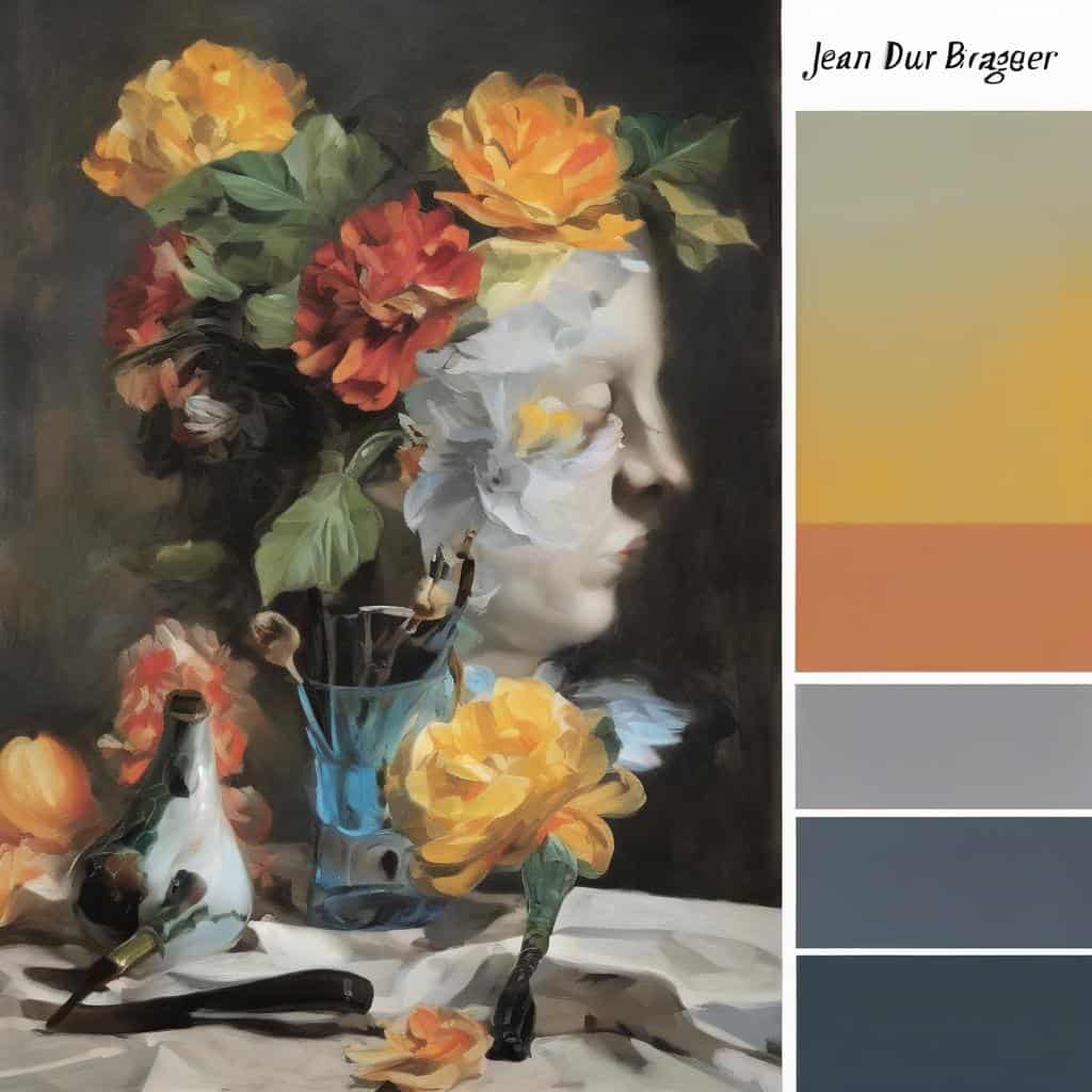 Λιπαρό πίνακα με λουλούδια και γυναικεία φιγούρα, εμπνευσμένα από δημιουργία και καινοτομία στην τέχνη.