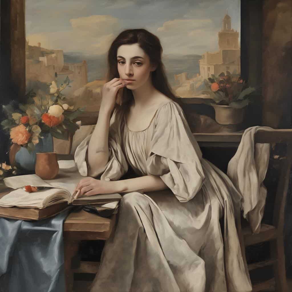 Ομορφη νεαρή γυναίκα σε καμβά ζωγραφικής με δημιουργικότητα και καινοτομία στην τέχνη.