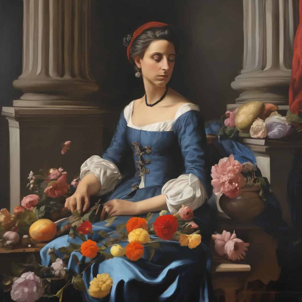 Παράσταση δημιουργίας και καινοτομίας στην τέχνη με ποικιλία χρωμάτων και αντικειμένων, εκφράζοντας φαντασία και τέχνη.